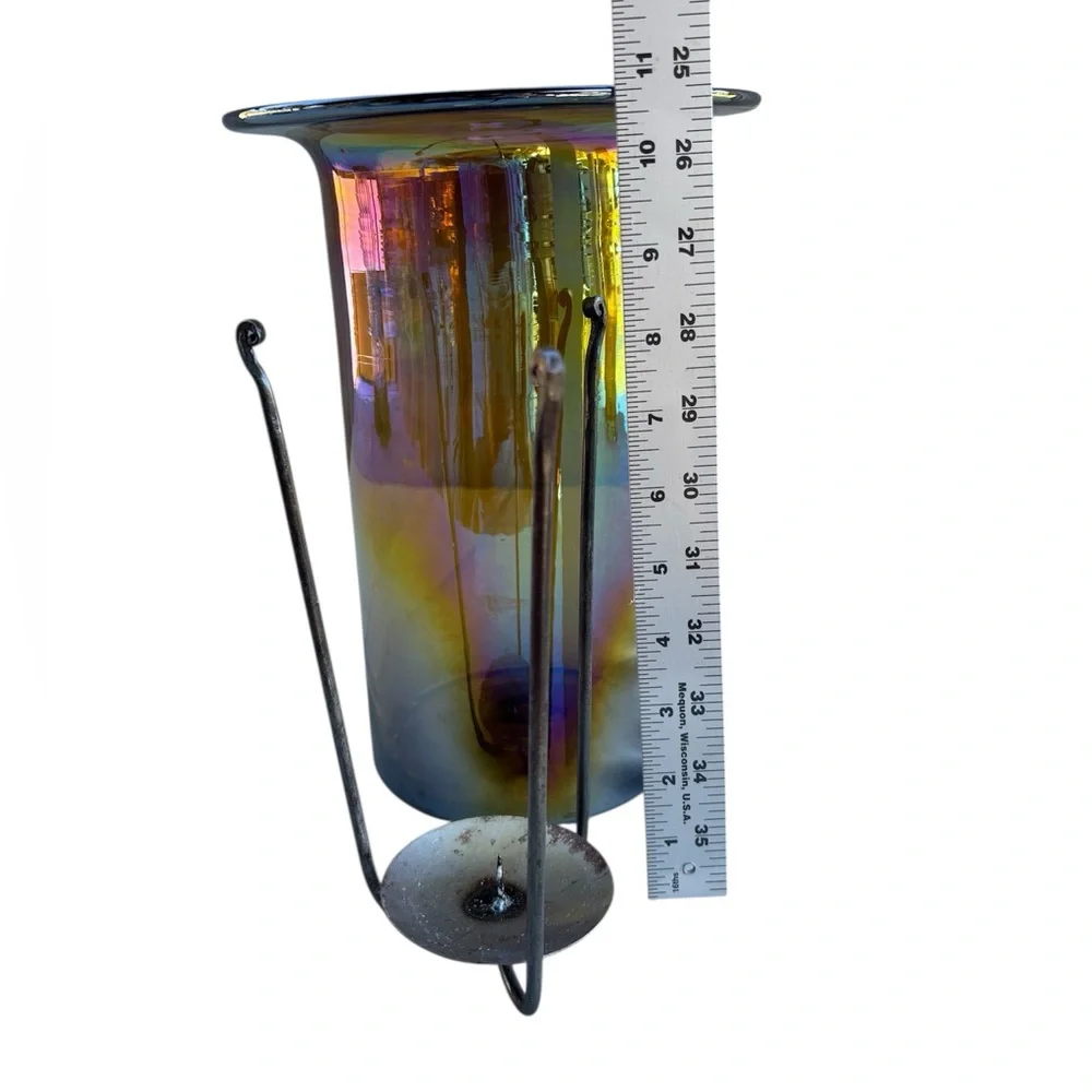 Crate & Barrel Iridescent Luster Hurricane Glass Candle Holder & Metal Insert